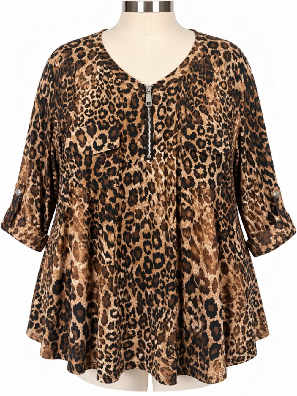 Cocomo Woman 3X Leopard Print Tunic Top Zip Front Pockets Roll Tab Sleeve